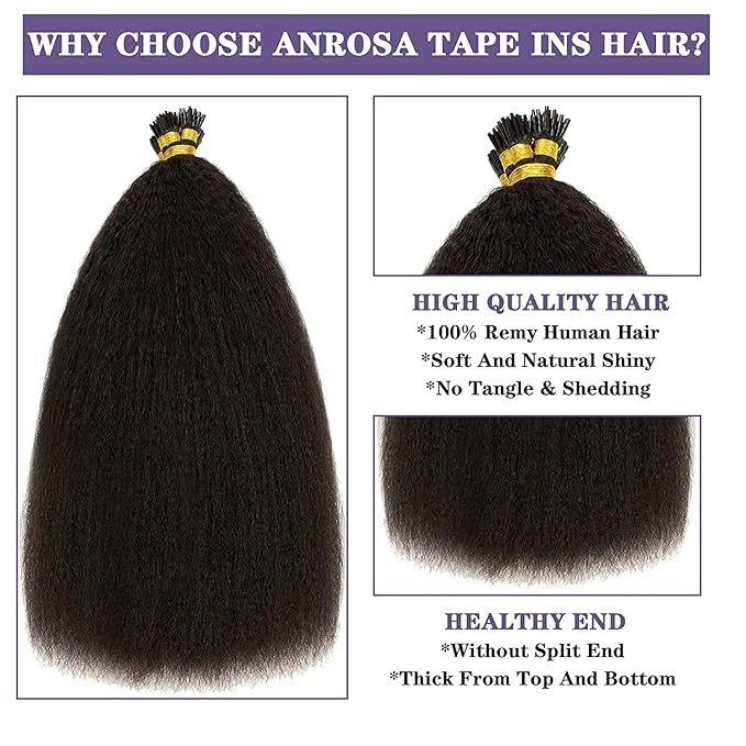 Anrosa I Tip Hair Extensions Human Hair Kinky Straight 12Inch Natural Black Hair Extensions Itip Extensions Human Hair Keratin Fusion Stick Kinky Straight I Tip Hair For Black Women Full Head 40g