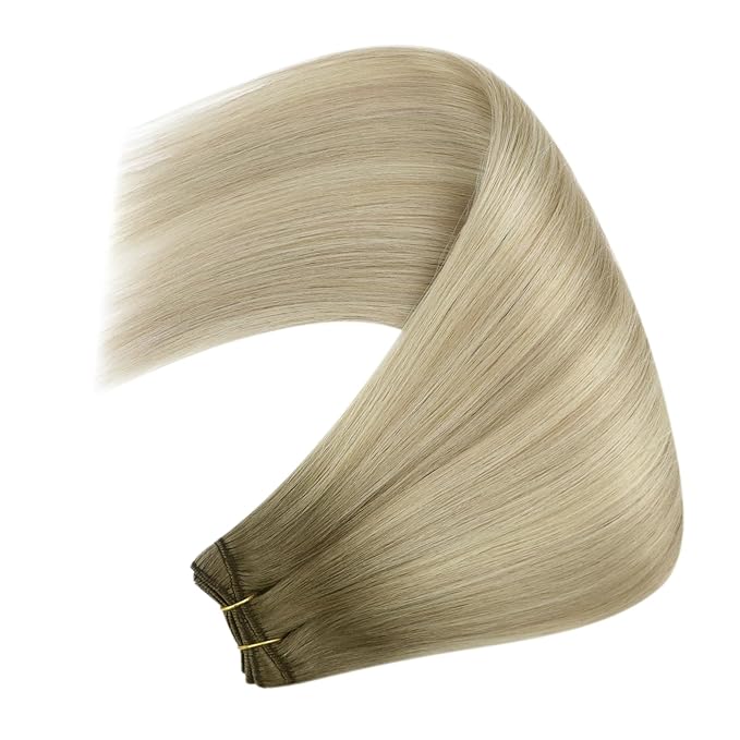YoungSee Ombre Blonde Human Hair Weft Extensions Straight Silky Sew in Real Human Hair Extensions Ash Blonde Ombre Sunkissed Blonde Sew in Hair Extensions Human Hair 24Inch 100G