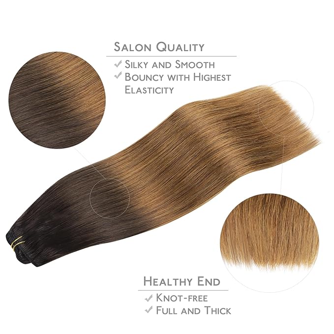 WENNALIFE Clip in Hair Extensions Real Human Hair, 16 Inch 120g 7pcs Human Hair Extensions Clip In Human Hair, Ombre Dark Brown to Light Chestnut Brown Clip In Real Hair Coloured Remy