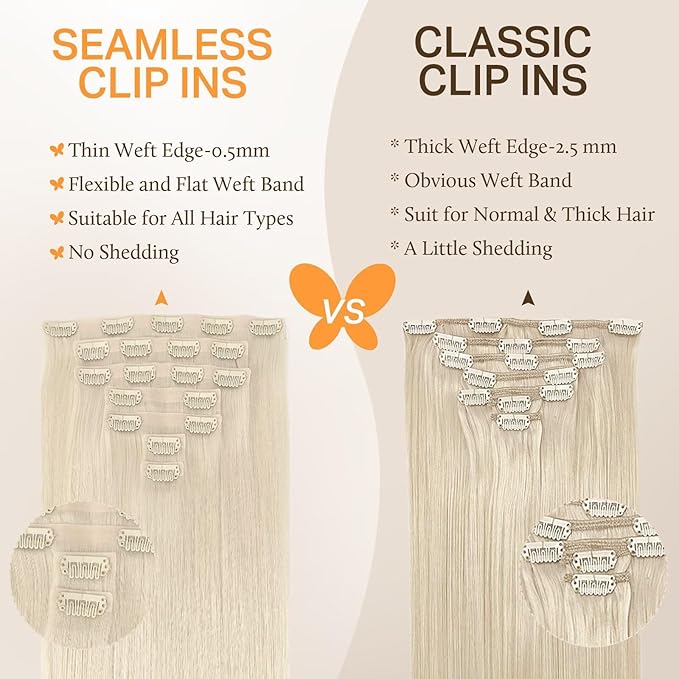 DOORES Clip in Hair Extensions, Platinum Blonde 150g 7pcs 22 Inch, Silky Straight Invisible Edge Human Hair Extensions for Women