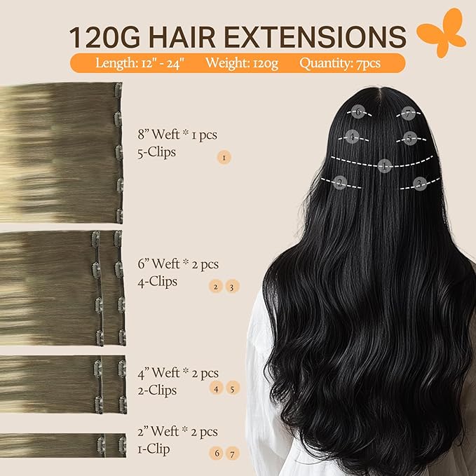DOORES Human Hair Extensions Clip in, Ash Brown to Platinum Blonde 14 Inch 120g 7pcs, Real Clip in Hair Extensions Straight Natural Weft