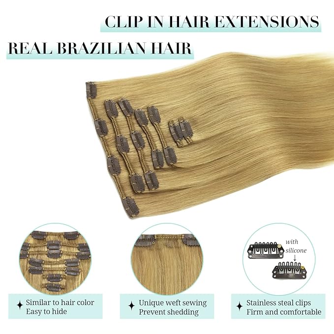 DOORES Hair Extensions Real Human Hair, Dirty Blonde 18 Inch 7pcs 120g, Clip in Human Hair Extensions Remy Hair Extensions Silky Straight Clip in Extensions Human Hair Natural Thick