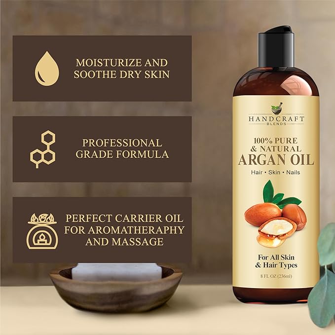Handcraft Blends Moroccan Argan Oil - 8 Fl Oz - 100% Pure and Natural - Premium Grade Carrier Oil for Skin and Hair - Hair and Body - Massage - Cold-Pressed