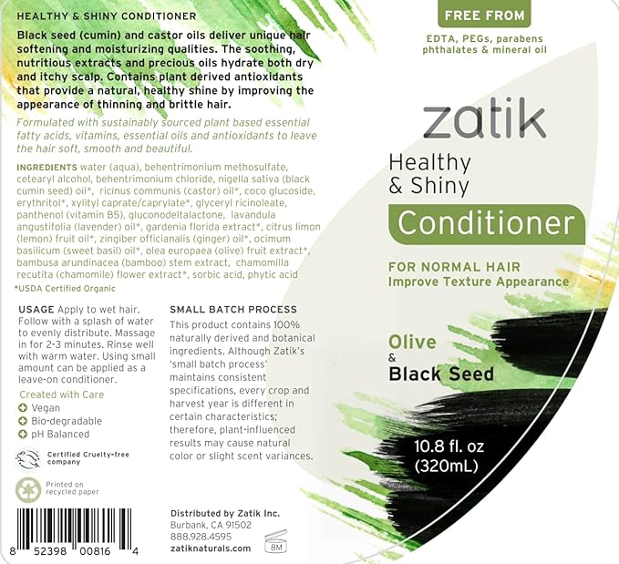 Zatik Naturals - Healthy & Shiny Shampoo and Conditioner set, with Olive and Black Seed, Voluminizing and Safe for Color Treated Hair - one of each 10.80 fl oz.