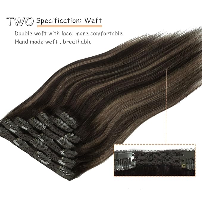 Caliee Lace Clip in Hair Extensions Human Hair 14Inch R1B-1B/6A Balayage Natural Black to Light Chestnut Brown Hair Extensions Clip ins Real Human Hair 7Pcs 120G Double Weft Thick Long Soft Silky