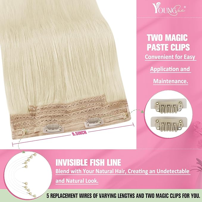 YoungSee Wire Hair Extensions Blonde Invisible Wire Real Hair Extensions Platinum Blonde Straight Wire Real Human Hair Extensions Blonde Hair Extensions Invisible Wire can be Ironed and Dyed 18In 80G