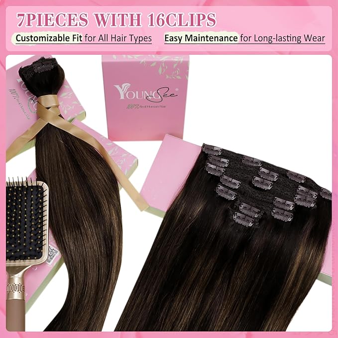 YoungSee 150G Clip in Hair Extensions Balayage Clip on Hair Extensions Dark Brown Mix Medium Brown Highlights Brown Balayage Clip in Extensions Real Hair Suitable for Special Occasions 7Pcs 20In 7Pcs