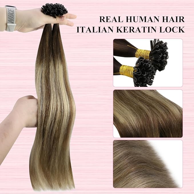 YoungSee Utip Hair Extensions Balayage U Tip Hair Extensions Real Human Hair Ombre Dark Brown to Brown with Blonde Keratin Hair Extensions U Tip Silky U Tips Remy Hair Extensions Straight 16In 50s/50g