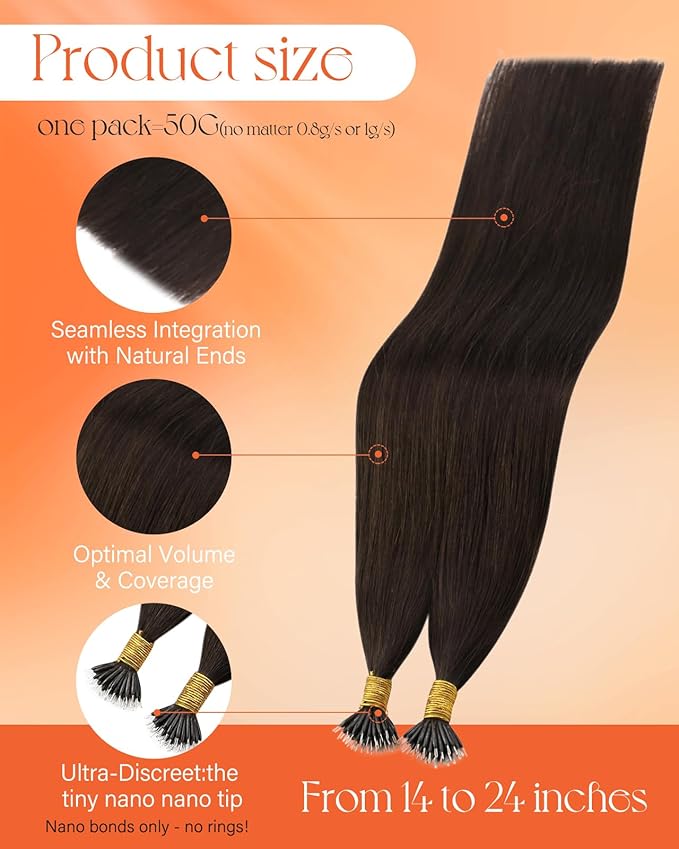 Sunny Hair Nano Extensions Human Hair Darkest Brown Nano Ring Hair Extensions Human Hair 16inch Hair Extensions Nano Bead Natural Looking 50g