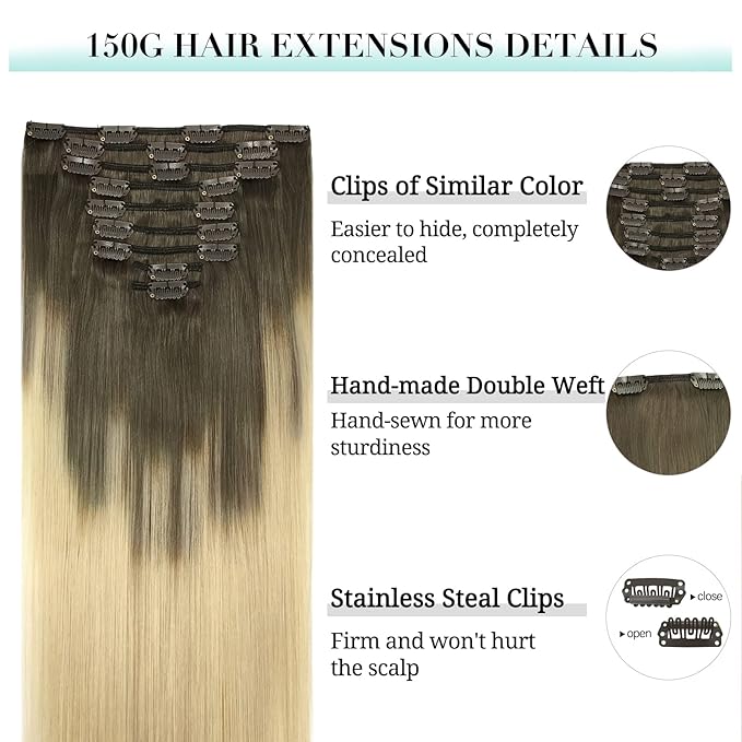 DOORES Clip in Hair Extensions - Ash Brown to Platinum Blonde, 150g 9pcs 16 Inch Remy Human Hair, Natural Silky Straight Thick