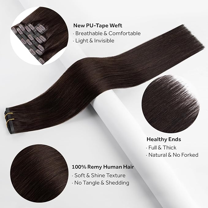 Clip in Hair Extensions Real Human Hair Dark Brown Seamless Clip In 100% Remy Hair Extensions PU Skin Weft Add Volume Thick&Invisible #2 20Inch 120G 8PCS