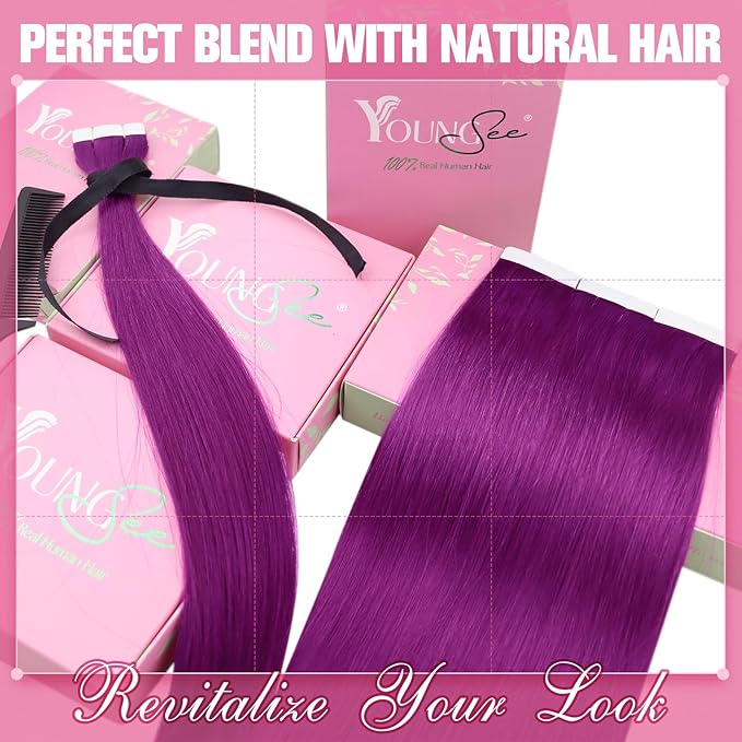 YoungSee Tape in Extensions Human Hair Purple Invisible Tape in Hair Extensions Human Hair Purple 10pcs 25g Seamless Human Hair Tape in Extensions Color 14In Tape ins Human Hair Extensions for Cosplay