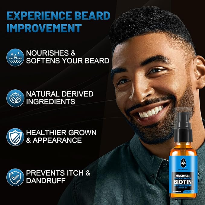 Beard Oil,Maximun Thickening Biotin, with Castor Oil and Argan & Jojoba Oils, Promotes Beard Growth, Styles, Strengthens & Softens Beards & Mustaches,1 Ounce*2(2 Pack)