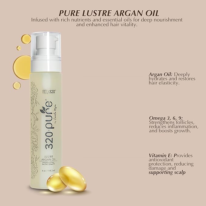 320Pure Lustre Argan Oil For Hair 4oz Pump, Aceite de argán para el cabello, Argan Oil Hair Treatment with Pure Argon for Color-Treated, Damaged, Dry, Straight and Curly