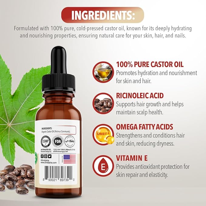 Dr. Robaina Organic Castor Oil – Cold-Pressed for Hair Growth, Eyelash & Eyebrow Care, Skin Hydration & Nail Strength – Pure Vegan Moisturizer – Made in USA, 4 oz