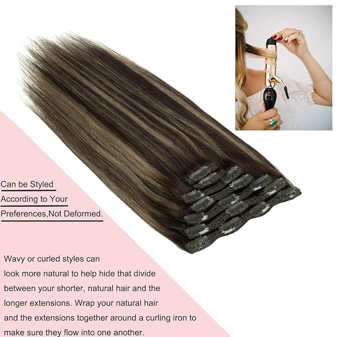 Loxxy Clip in Hair Extensions Ombre Chestnut Brown Mixed Dark Brown with Dark Brown Roots Hair Extensions Clip in Human Hair Double Weft Color R#2-2/6 14 Inch 120g