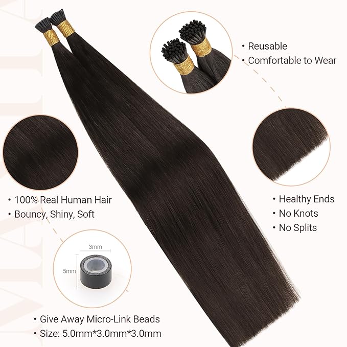 MAXITA I Tip Hair Extensions Human Hair,Dark Brown 100g/100s 16 Inch, Comfortable Wear, 100% Remy Human Hair, Real Human Itip Keratin Hair Extensions