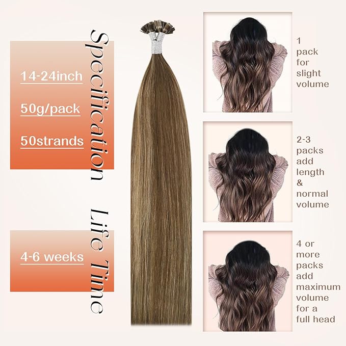 Sunny Hair Flat Tip Keratin Hair Extensions Brown Mix Caramel Blonde Keratin Hair Extensions 24inch Ktips Extensions Human Hair for Party 50g