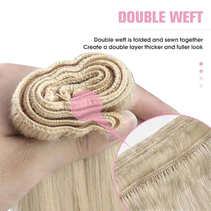 YoungSee Weft Human Hair Extensions Blonde Sew in Real Hair Extensions Platinum Blonde Soft and Silky Sew in Weft Human Hair Extensions 24Inch 100G