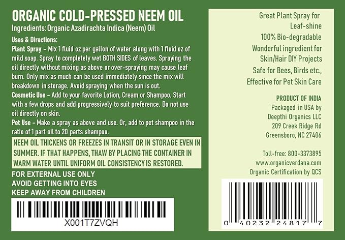 Verdana Pure Neem Oil for Plants – 1 Gallon (128 Fl Oz) – Organic, Cold Pressed, Unrefined, Non-GMO – 100% Natural Spray for Plant Leaf Shine, DIY Beauty, Soap Making – No Additives