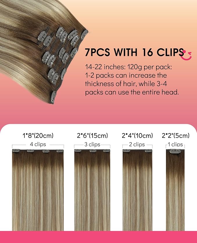 Youngsmile Balayage Clip in Hair Extensions Human Hair, Silky Straight Real Human Hair Clip in Extensions, Balayage Brown to Light Brown Mix Light Blonde, 120 Grams 16 Inch 7Pcs (CLIP#3/8/22-16Inch)
