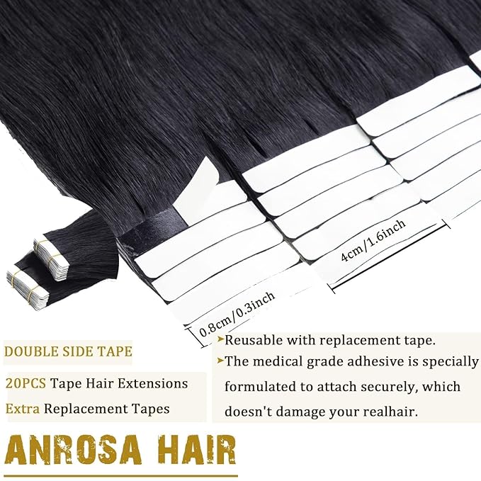 Anrosa Real Human Hair Tape in Extensions Black 20Inch Double Sided Tape for Skin Weft Hair Extensions 50Gram Color Jet Black Seamless Tape in Hair Extensions Straight Human Hair 20Pcs Silky