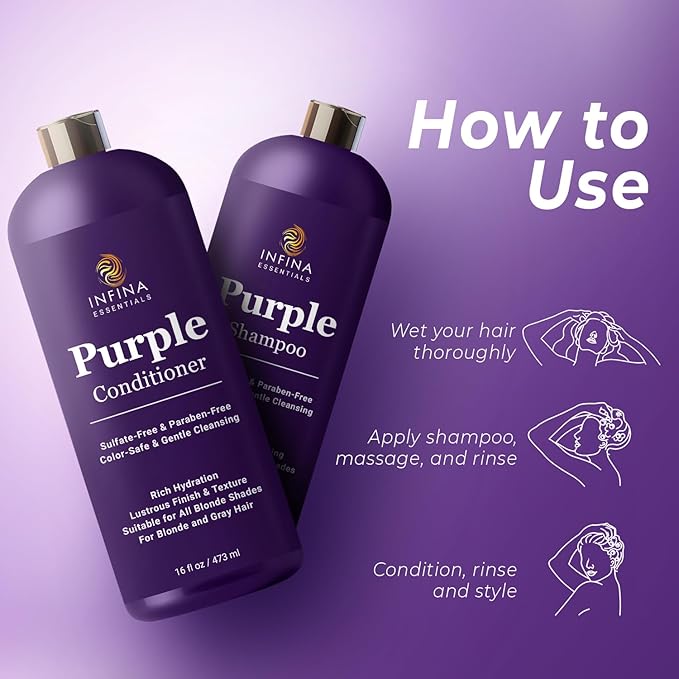 Purple Shampoo and Conditioner Set - Sulfate Free, Enriched with Coconut Oil & Aloe Vera, Ideal for Blonde, Gray, Brassy & Color Treated Hair, Nourishes & Hydrates - 16 fl oz each