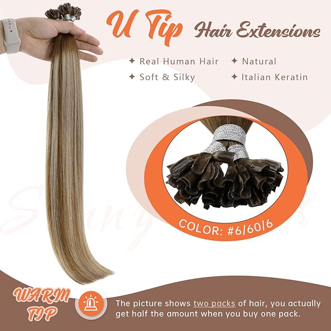 Sunny Hair U Tip Hair Extensions Human Hair Balayage Utip Human Hair Extensions Chestnut Brown with Blonde Ombre K Tips Hair Extensions Real Human Hair for Daily Use 14inch 50g