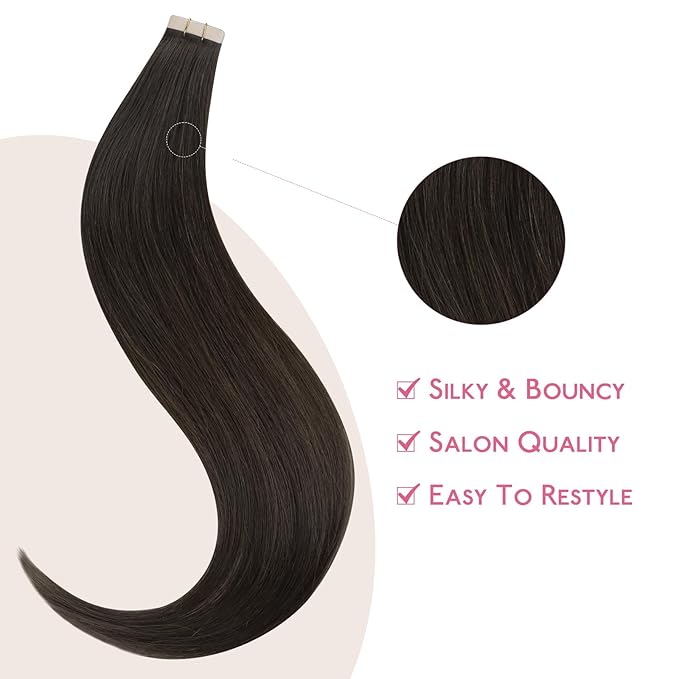 WENNALIFE Tape in Hair Extensions Human Hair Dark Brown Tape in Extensions, 10pcs 25g 14 inch Remy Invisible Tape Ins Straight Colored Soft Real Human Hair Tape in Extensions Refill Set Extensions