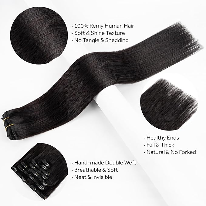 Clip in Hair Extensions Real Human Hair, Remy Hair Clip in Extensions Human Hair, Natural Black 100% Human Hair Extensions for Women #1B 22Inch 120G 7PCS