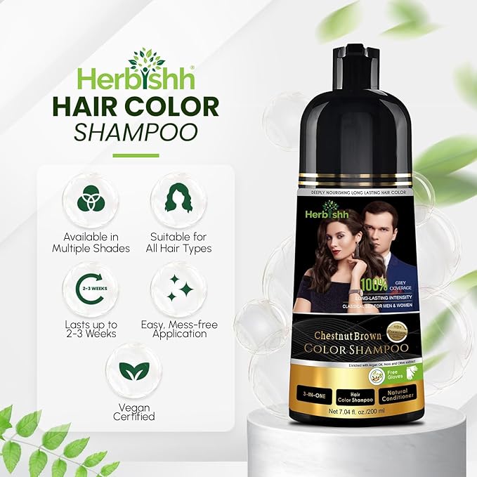 Herbishh Chestnut Brown Hair Dye Shampoo 200ml + Argan Oil 30ml – Grey Coverage & Frizz Control Combo – 3-in-1 Color, Cleanse & Repair