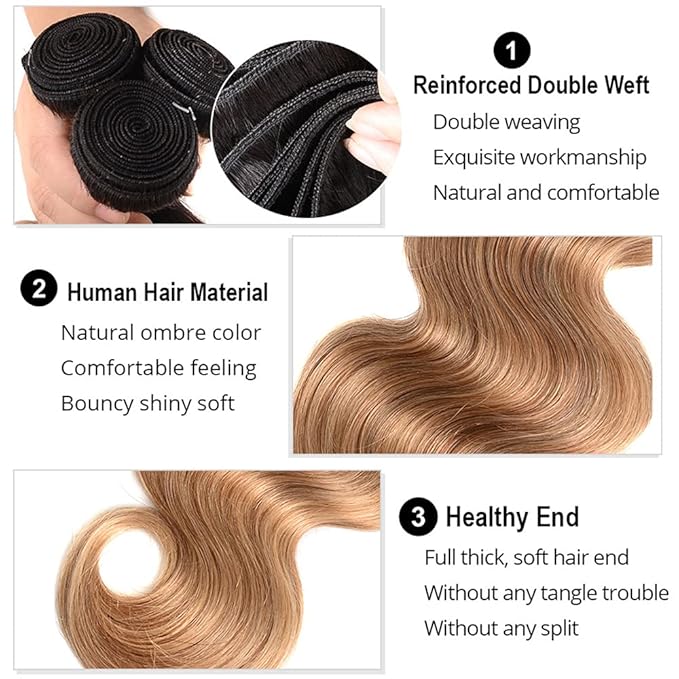 30 32 34 Inch Ombre Human Hair Bundles 1B27 Body Wave Bundles Niegmeag Virgin Soft and Silky Remy Hair Extensions Double Weft Honey Blonde Bundle Hair Weave