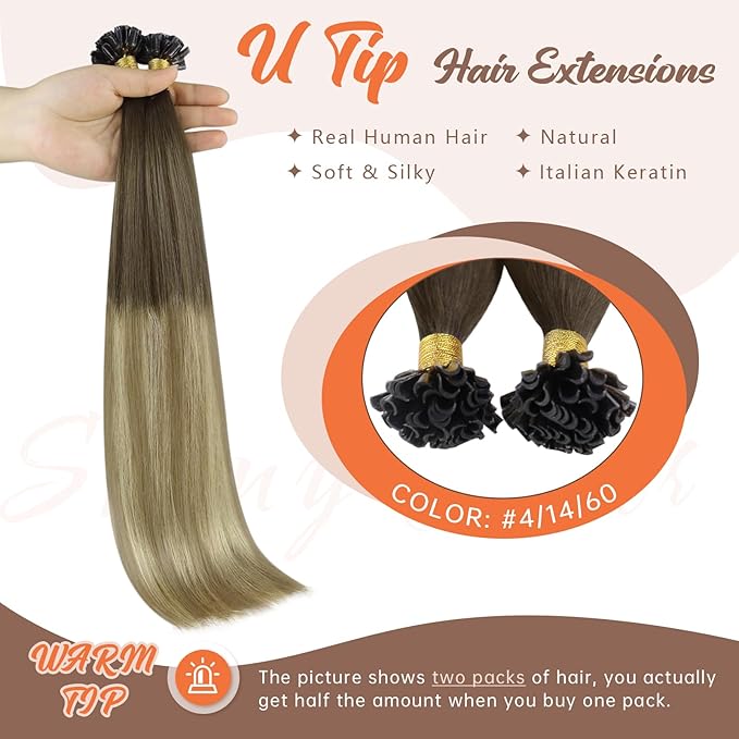 Sunny Hair U Tip Hair Extensions Human Hair Ombre Utip Hair extensions Brown Ombre Golden Brown Mix Blonde K Tip Hair Extensions Real Human Hair Short Remy Hair for Daily Use 14in 50g