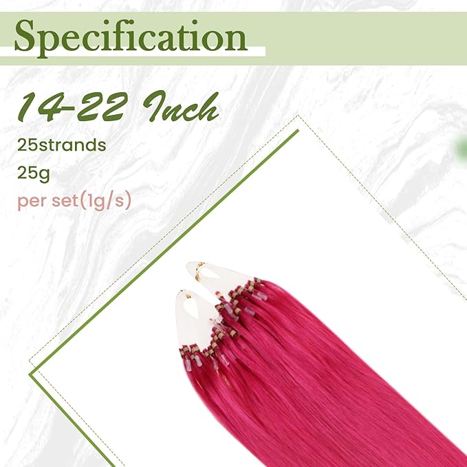RUNATURE Micro Beads Hair Extensions Real Human Hair Hot Pink Hair Extensions with Microloops, 20 Inch Pink Human Hair Extensions, Pre Bonded Remy Silky Soft Hair for Party, 25g 25s