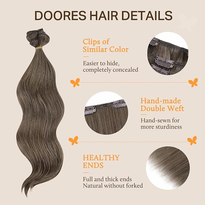 DOORES Clip in Hair Extensions, Light Ash Brown 150g 9pcs 24 Inch, Hair Extensions Extensions for Women Remy Hair Extensions Clip in Human Hair Natural Clip in Thick Silky Straight Hair Extensions