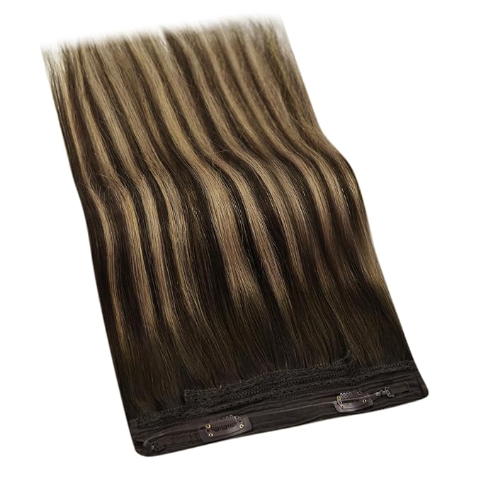 YoungSee 120G Wire Hair Extensions Brown Invisible Wire Human Hair Extensions Dark Brown Fading To Caramel Blonde Mix Brown Balayage Straight Hair Extensions Wire 16Inch