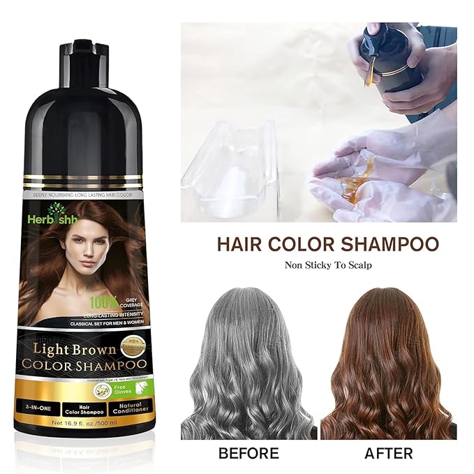 Herbishh Light Brown Hair Dye Shampoo 3 In 1- Color Shampoo For Gray Hair Coverage 500 ML, Argan Oil & Pro Keratin Deep Conditioning Hair Mask 150gm and Ginger Essential Oil Serum For Hair Growth 30ml