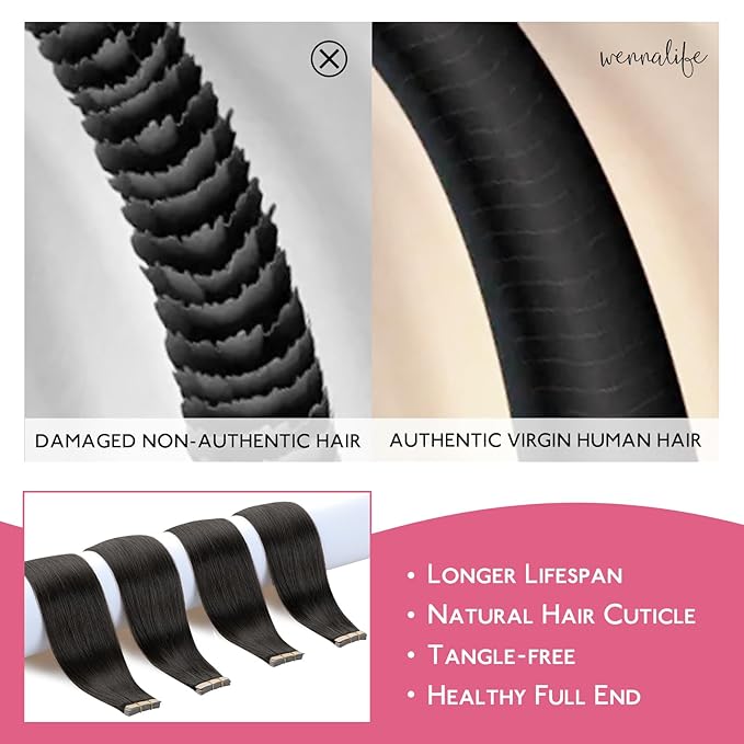 WENNALIFE Tape in Hair Extensions Human Hair Natural Black Tape in Extensions, 10pcs 20g 10 inch Remy Invisible Tape Ins Straight Colored Soft Real Human Hair Tape in Extensions Refill Set Extensions