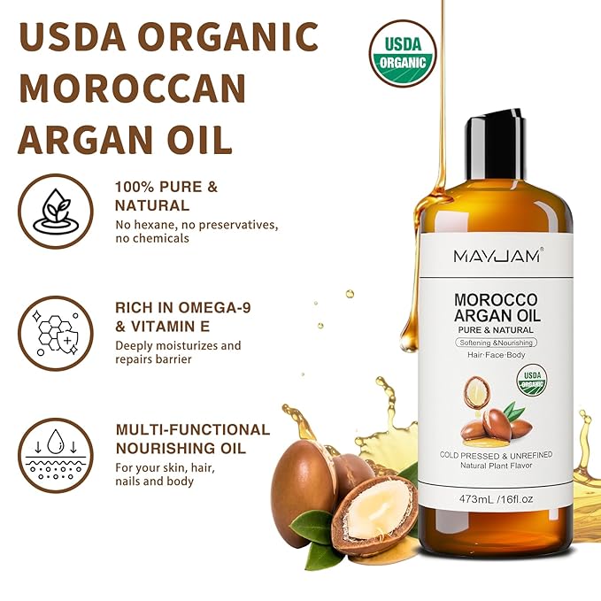 Organic Moroccan Argan Oil 16 Fl Oz, USDA Certified 100% Pure & Natural Carrier Oil For Dry, Damaged Skin, Hair, Face, Body & Scalp Moisturing, Massage Oils for Essential Oils Mixing (473ml)
