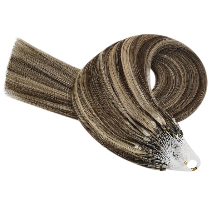 YoungSee Microlink Hair Extensions Human Hair Brown Highlight Micro Beads Hair Extensions Dark Brown Highlight Caramel Blonde Bead Hair Extensions Real Human Hair Short Hair Extensions 14 Inch 50g 50s