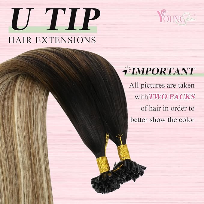 YoungSee U Tip Hair Extensions Human Hair Balayage Keratin Hair Extensions U Tip Ombre Dark Brown to Brown with Blonde K Tips Hair Extensions Silky 18In Balayage Utip Remy Hair Extensions 1g/s 50g