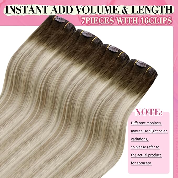 YoungSee Clip on Hair Extensions Ombre Hair Extensions Clip ins Dark Brown Ombre Golden Blonde Mix Platinum Blonde Balayage Soft and Silky Real Human Hair Extensions for Women 120G 20Inch 7Pcs