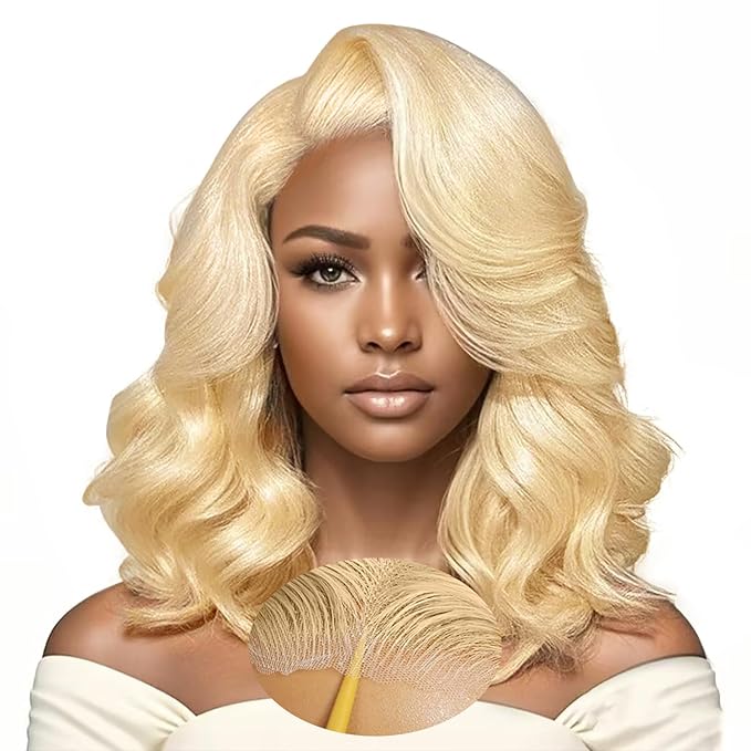 613 Lace Front Wig Human Hair 7×5 Glueless Blonde Body Wave Lace Front Wigs Human Hair Pre Plucked Pre Cut 180% Density Wear And Go Blonde Short Bob Wigs For Women 16inch