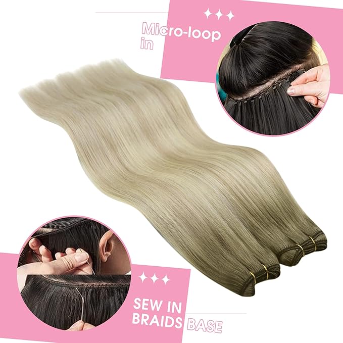 YoungSee Ombre Blonde Human Hair Weft Extensions Straight Silky Sew in Real Human Hair Extensions Ash Blonde Ombre Sunkissed Blonde Sew in Hair Extensions Human Hair 24Inch 100G