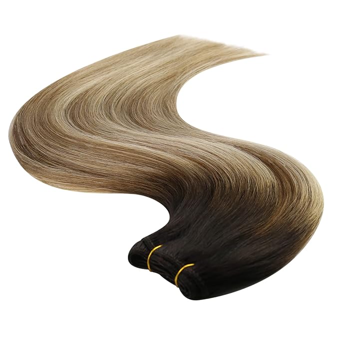 YoungSee 130g Sew in Hair Extensions Real Human Hair Brown Balayage Straight Weft Extensions Human Hair Darkest Brown to Brown with Blonde Rooted 24Inch