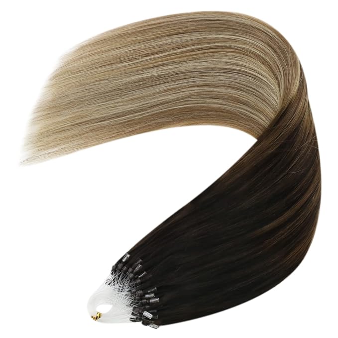 YoungSee Microlink Hair Extensions Human Hair Balayage Micro Ring Hair Extensions Ombre Dark Brown to Medium Brown with Blonde Hair Extension Beads for Girls 20Inch 50g 50s Cold Fusion Hair Extension