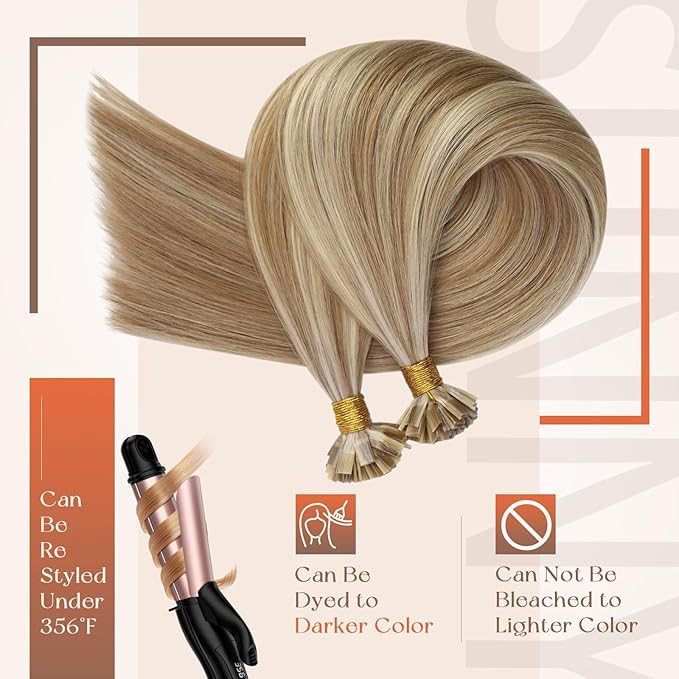 Sunny Hair K Tip Hair Extensions Real Human Hair Light Brown with Blonde Flat Tip Human Hair Extensions Keratin Extensions Human Hair 14inch 50g