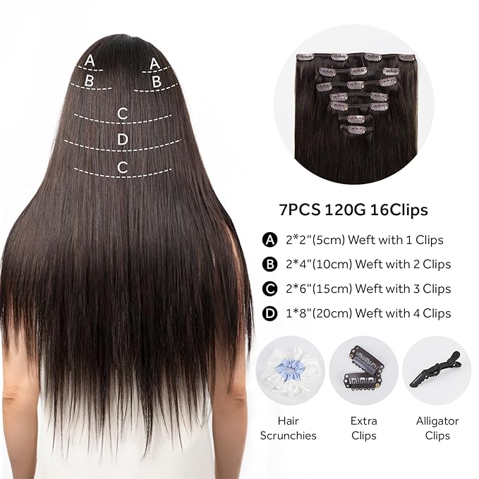Clip in Hair Extensions Real Human Hair, Remy Human Hair Clip in Extensions for Long Hair, Dark Brown Straight Hair Extensions Add Volum add Length #2 24Inch 120G 7PCS