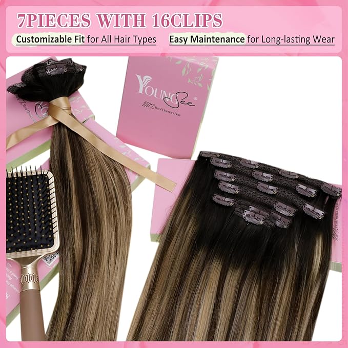 YoungSee 135G Clip in Hair Extensions Ombre Black Clip in Hair Extensions Real Human Hair Black Fading to Brown with Caramel Blonde Clip on Hair Extensions Human Hair Extensions for Women 7Pcs 16Inch