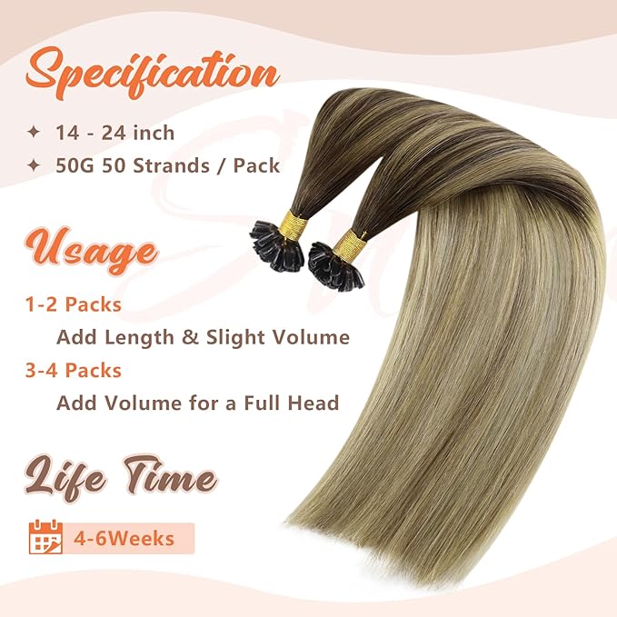 Sunny Hair U Tip Hair Extensions Human Hair Ombre Utip Hair extensions Brown Ombre Golden Brown Mix Blonde K Tip Hair Extensions Real Human Hair Short Remy Hair for Daily Use 14in 50g